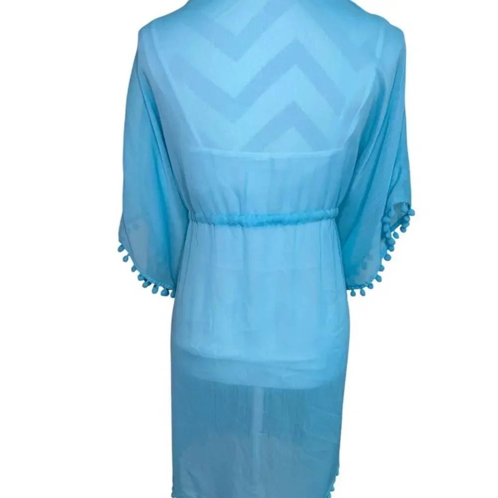 Bleu Pompons Sheer Rod Beattie Womens Mesh Swimsuit Cover-Up Kaftan Size Large